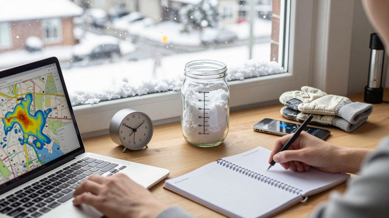 Pessoa escreve num caderno junto a janela nevada, com portátil mostra mapa, jarra de neve, relógio e telemóvel.