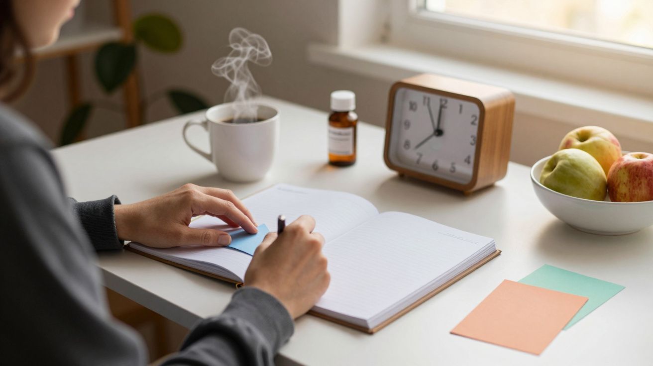 Pessoa escreve num caderno sobre uma mesa com chávena, relógio, frasco, frutas e janelas ao fundo.
