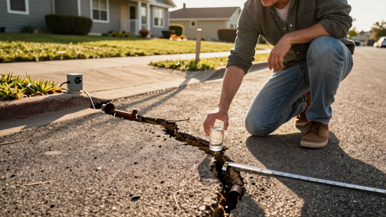 Pessoa ajoelhada mede fenda no asfalto com fita métrica. Há um copo d'água equilibrado na rachadura.