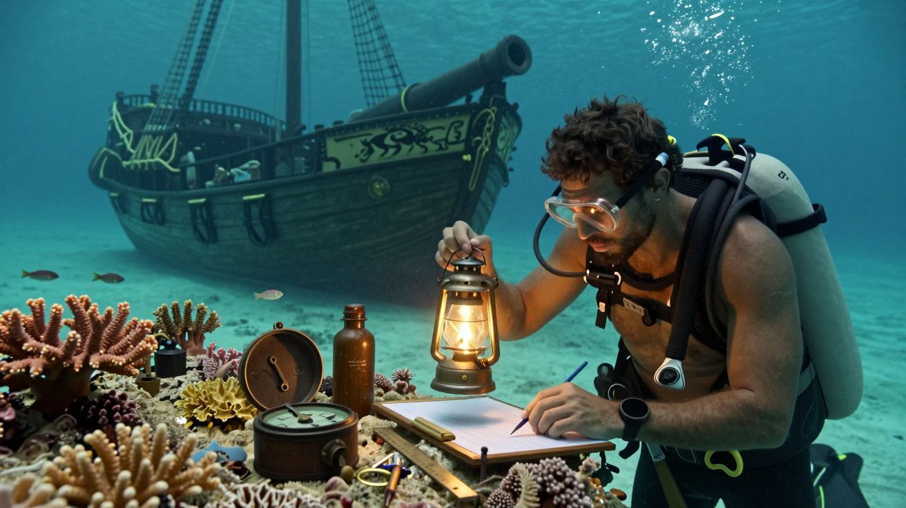 Mergulhador subaquático escreve junto a um navio afundado, iluminado por uma lanterna, cercado por coral e objetos antigos.