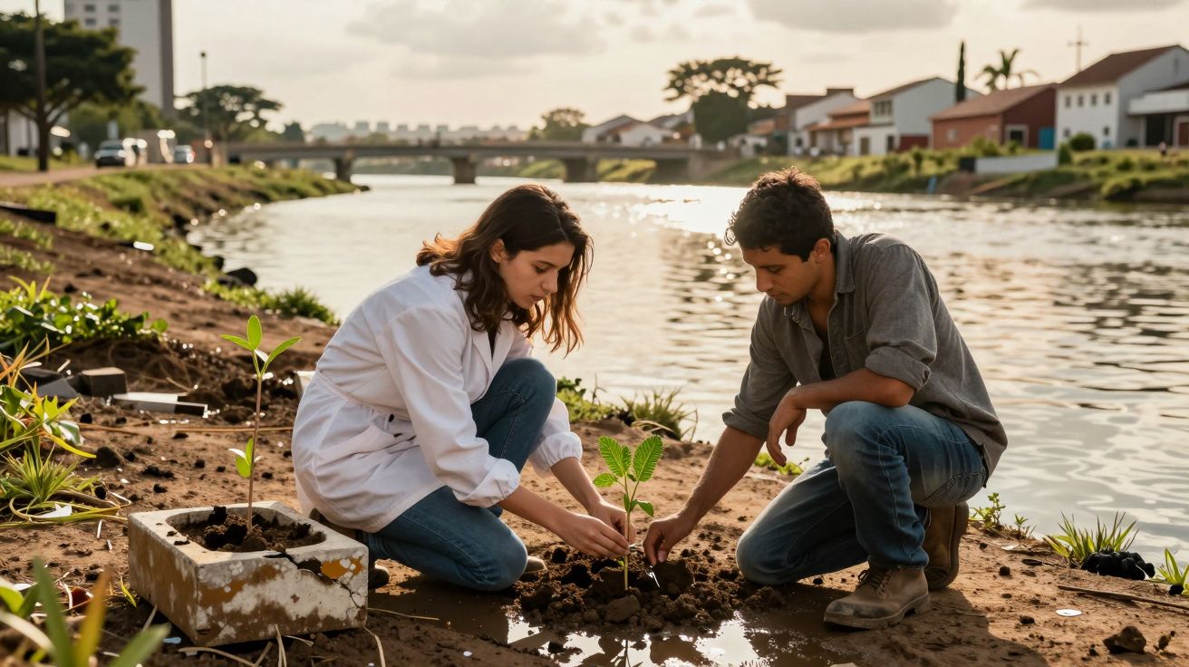 Duas pessoas plantam uma muda à beira de um rio, com casas ao fundo, num dia nublado.