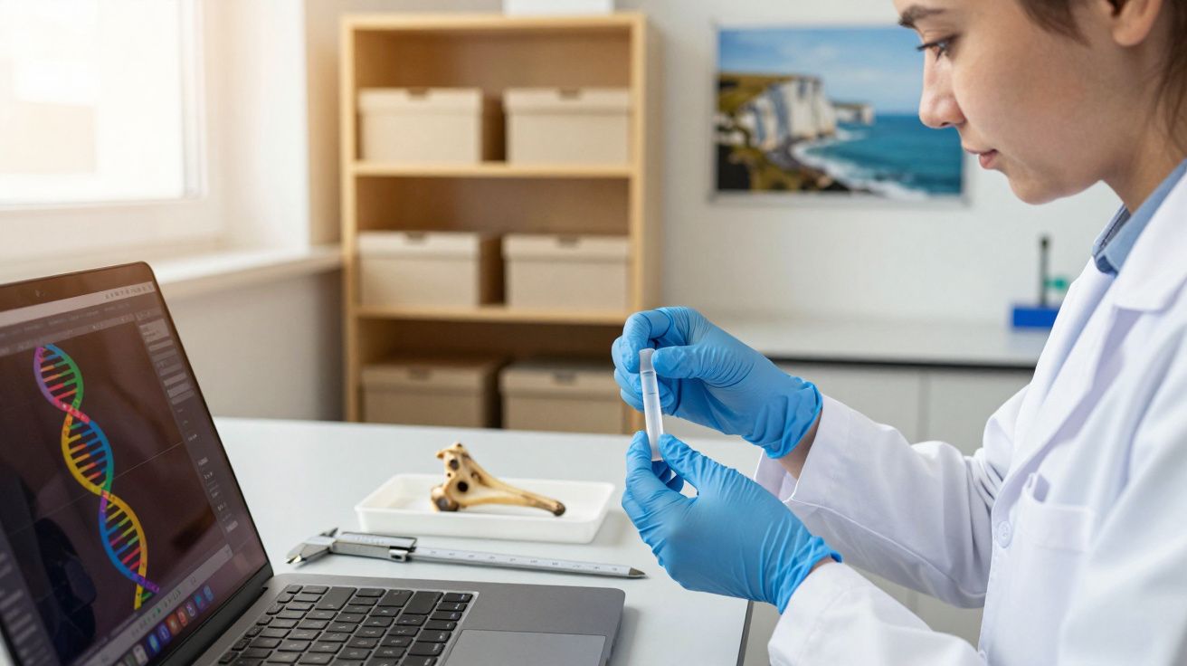 Mulher, luvas azuis, analisa tubo de ensaio em laboratório com imagem de ADN no portátil.