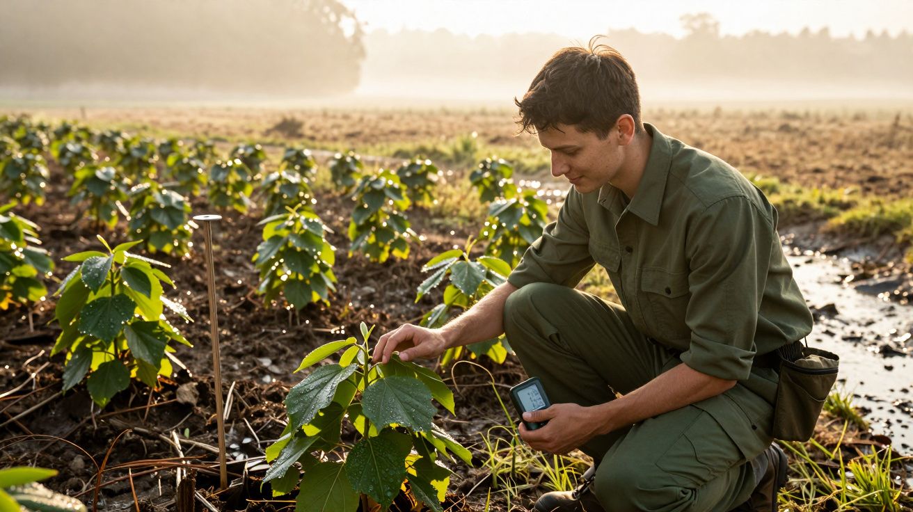Homem ajoelhado num campo, analisando planta com dispositivo na mão, ao nascer do sol.