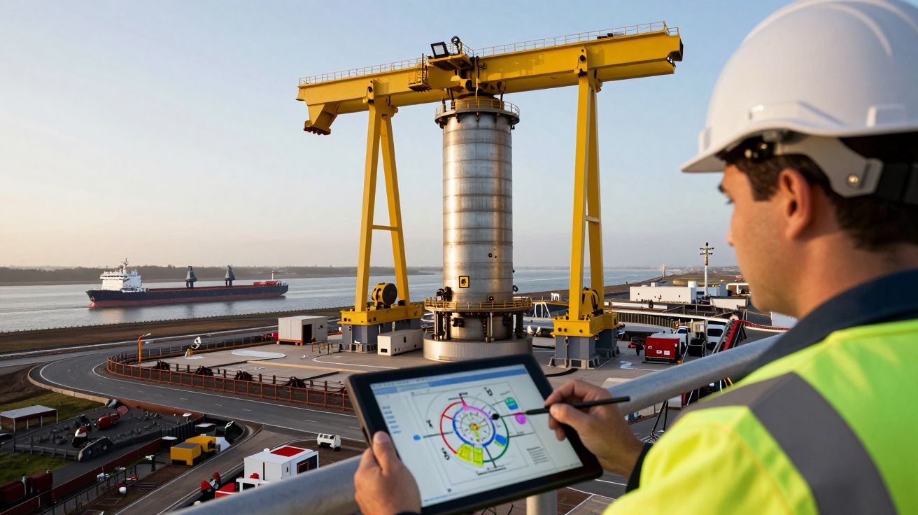 Engenheiro com capacete consulta tablet num porto, com grua e navio ao fundo.
