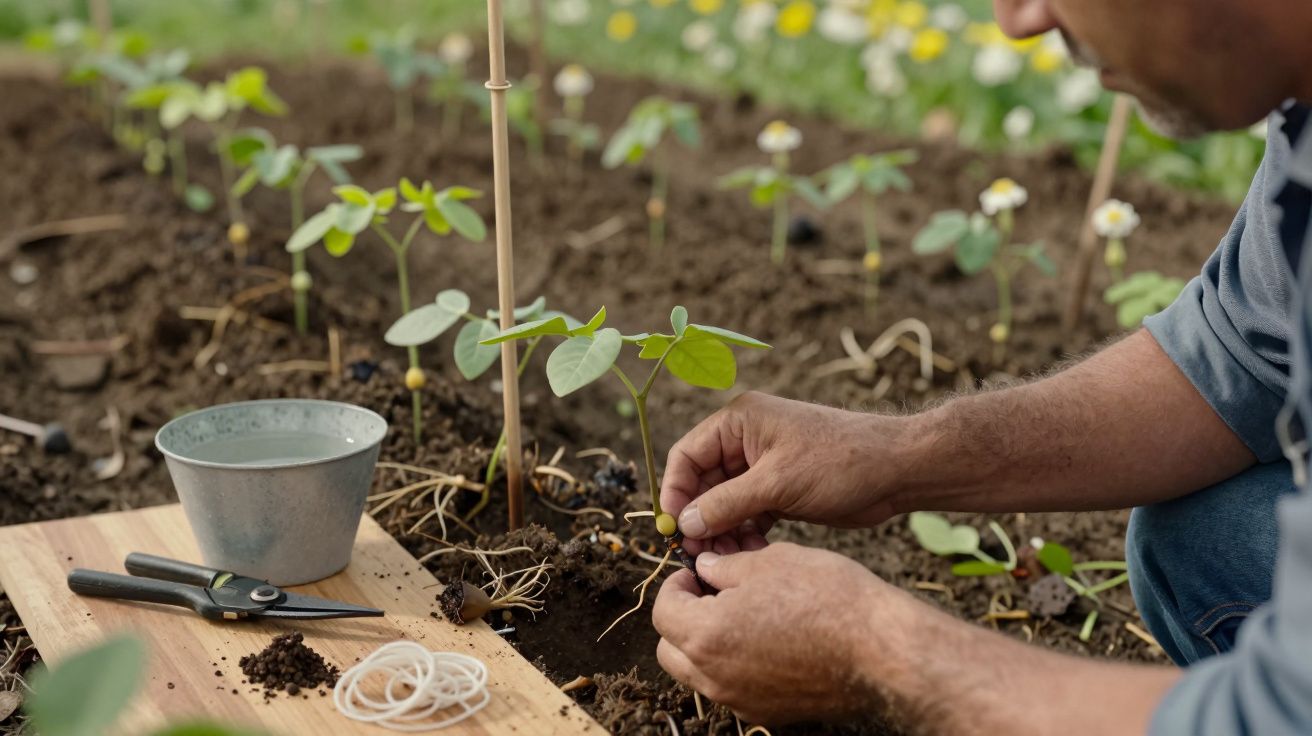 Pessoa a plantar mudas num campo, com ferramentas de jardinagem e balde ao lado.