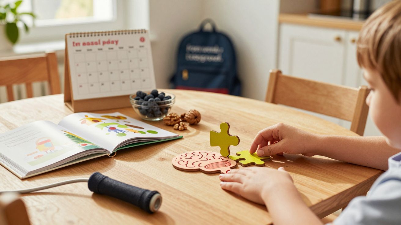 Criança monta puzzle de cérebro numa mesa, com livro aberto, calendário, frutos secos e bolsa ao fundo.