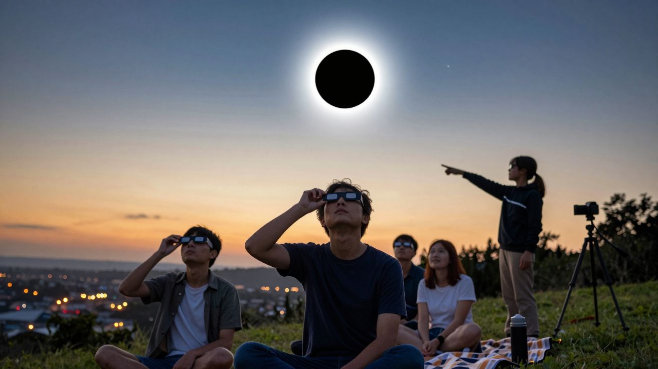 Grupo de pessoas observa um eclipse solar usando óculos de proteção num campo ao entardecer.