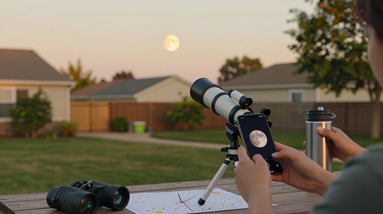 Pessoa fotografa a Lua com smartphone através de telescópio, num quintal ao pôr do sol. Binóculos e mapa na mesa.