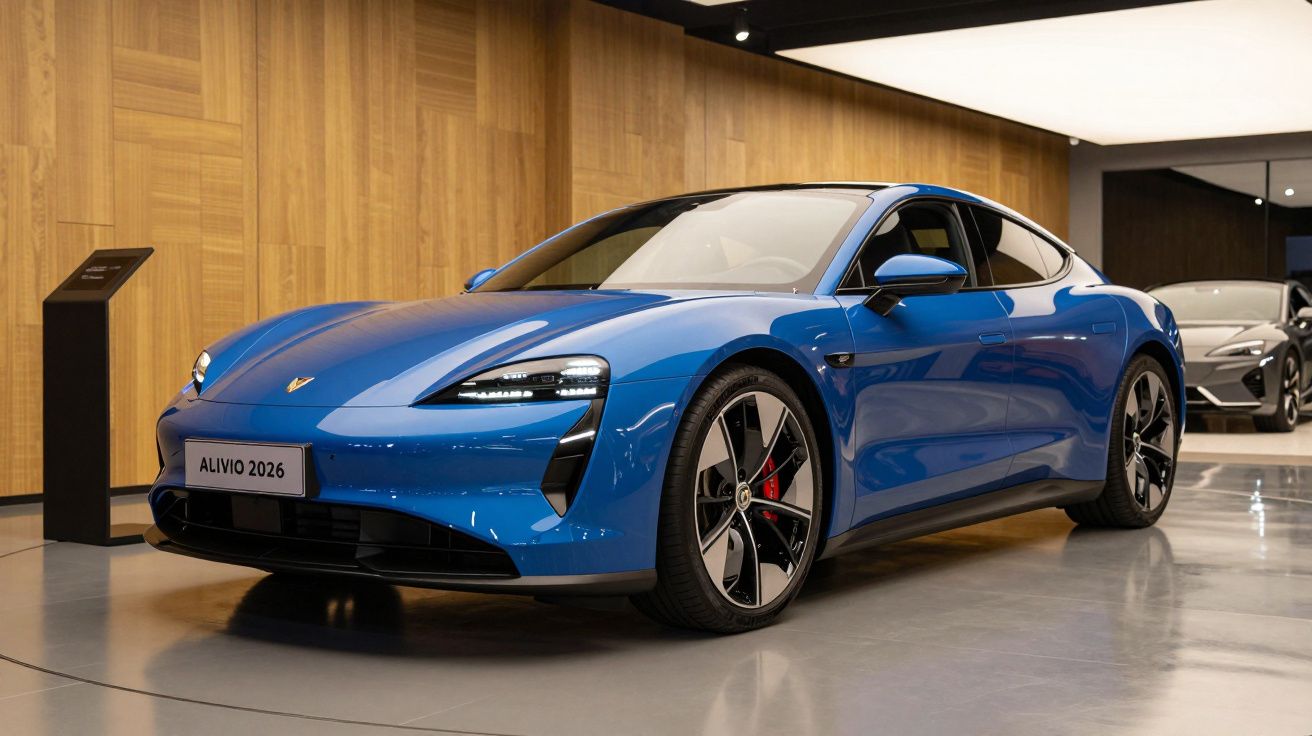 Carro desportivo azul em exposição num showroom moderno com chão de cimento e parede de madeira. Placa: Alivio 2026.