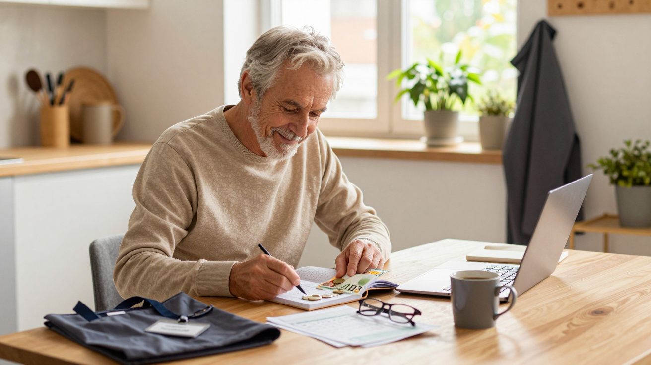 Homem idoso sorridente escreve num caderno em frente ao computador numa cozinha iluminada.