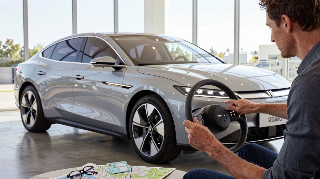 Homem interage com volante num showroom, observando um carro elétrico prateado moderno ao fundo, com mapa no tablet.