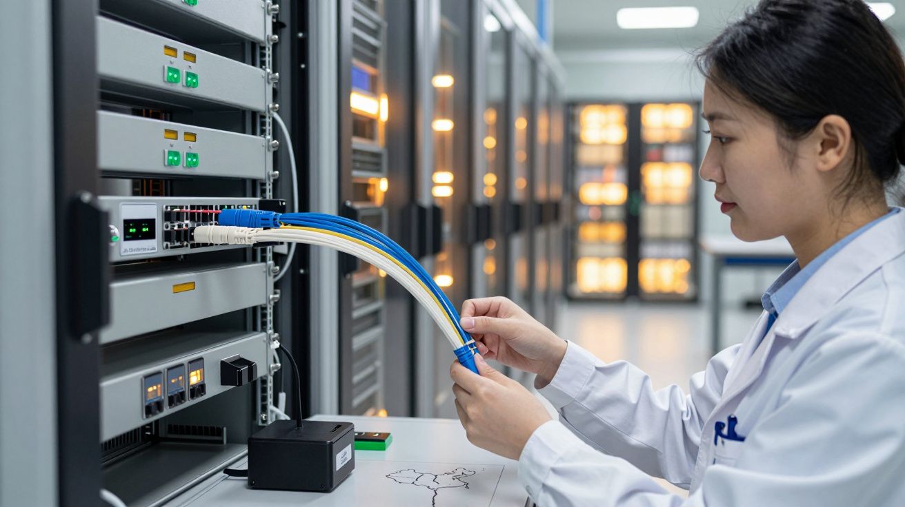 Técnica de laboratório conecta cabos de rede em servidor de dados em sala de servidores.