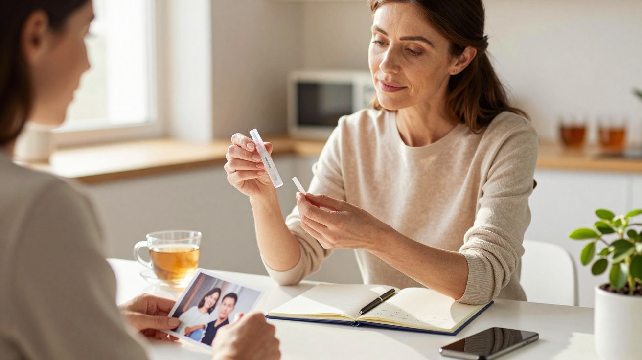 Duas mulheres conversam à mesa; uma segura fotografia e a outra gesticula com uma caneta. Há chá e um bloco de notas.