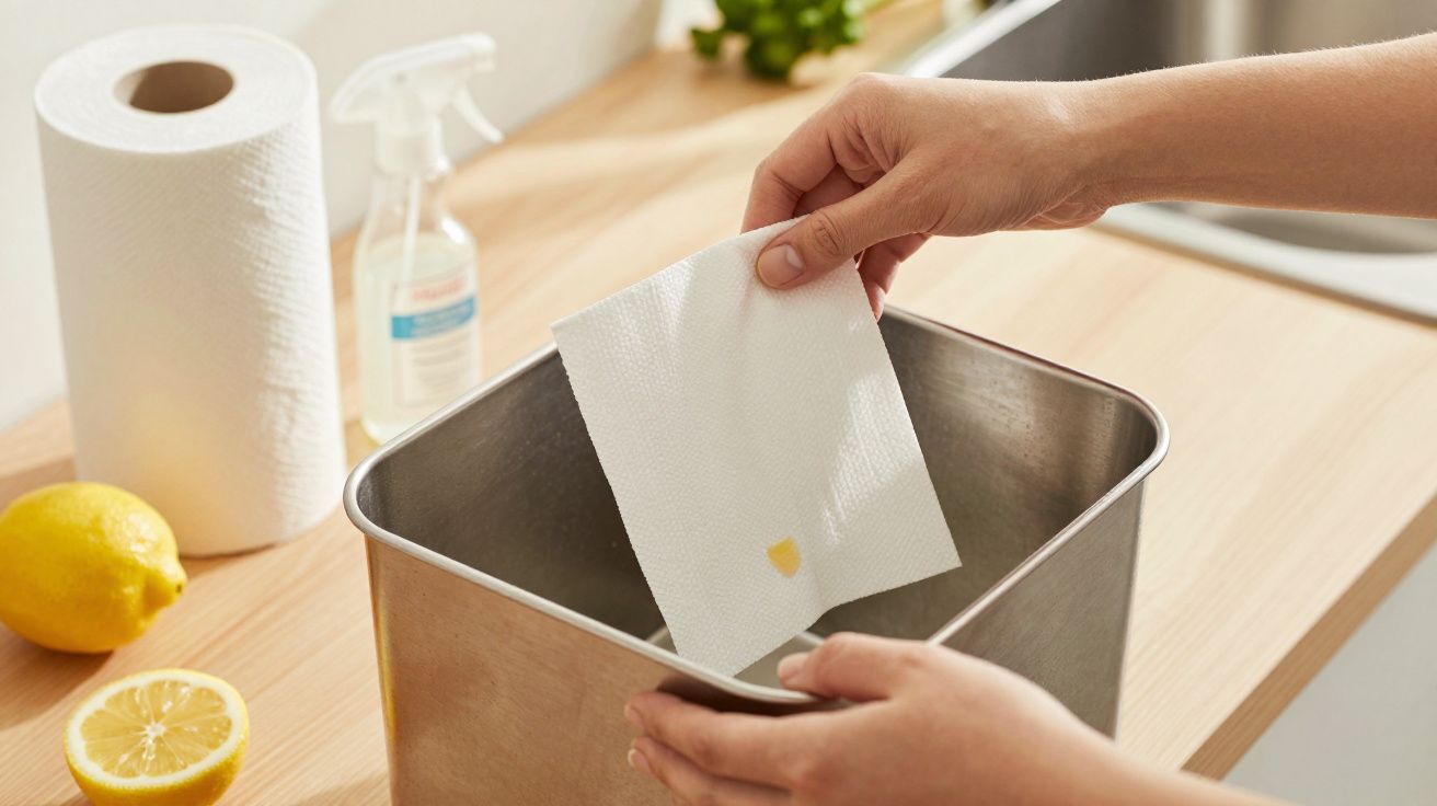 Mãos descartam toalhete de papel com mancha amarela numa lixeira de cozinha, ao lado de limões e spray de limpeza.