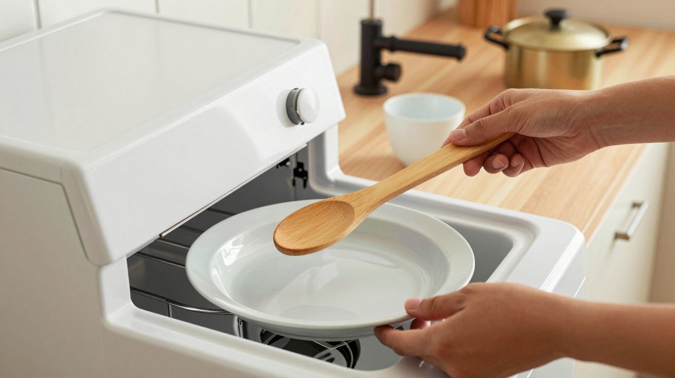 Mãos segurando prato branco e colher de madeira sobre máquina de lavar loiça aberta numa cozinha moderna.