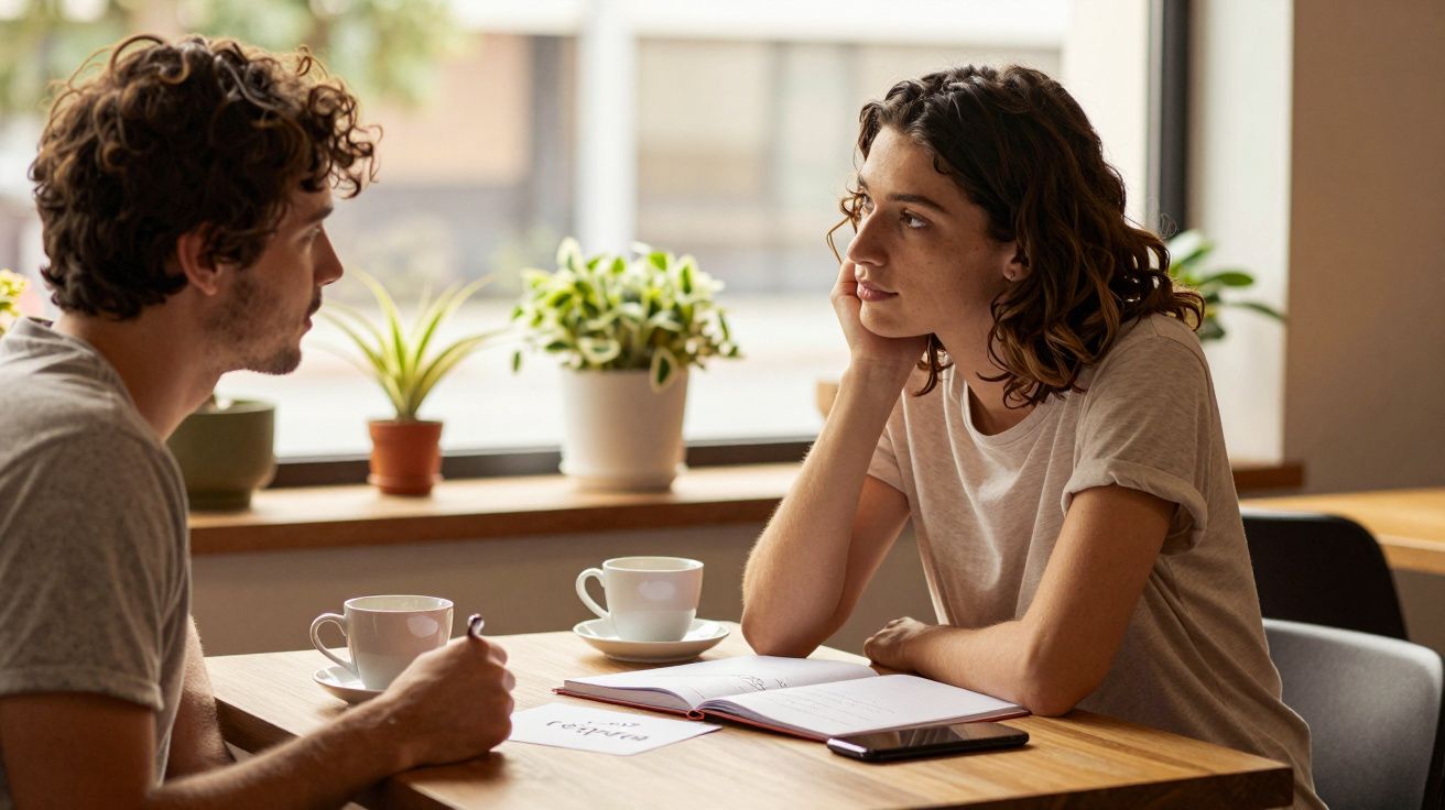 Duas pessoas conversam numa mesa de café, com chávenas e um caderno aberto, plantas ao fundo.