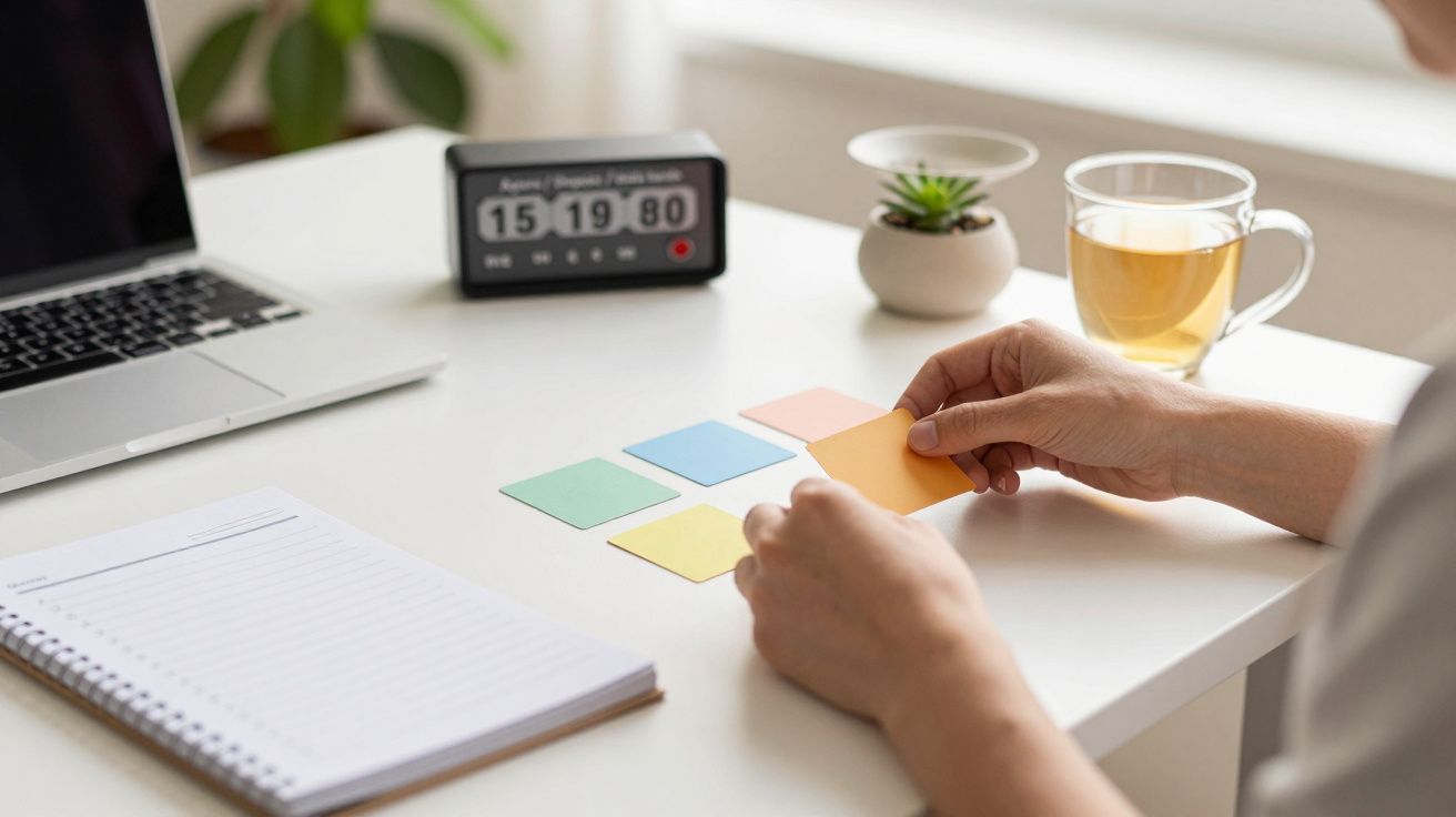 Pessoa organiza notas coloridas na mesa com chá, planta, notebook e relógio digital ao fundo.