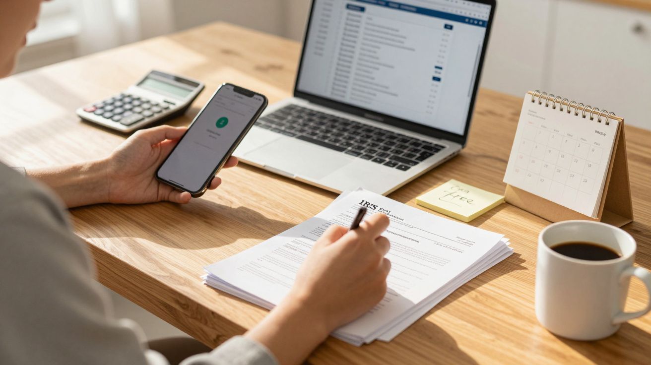 Pessoa trabalha num escritório com laptop, documentos, calculadora, café e calendário sobre a secretária.