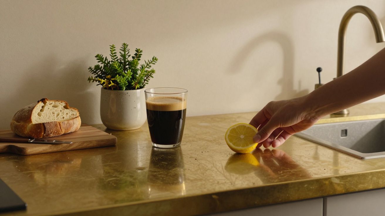 Fatia de pão, café, limão e planta numa bancada de cozinha ao lado de uma mão e lava-loiça.