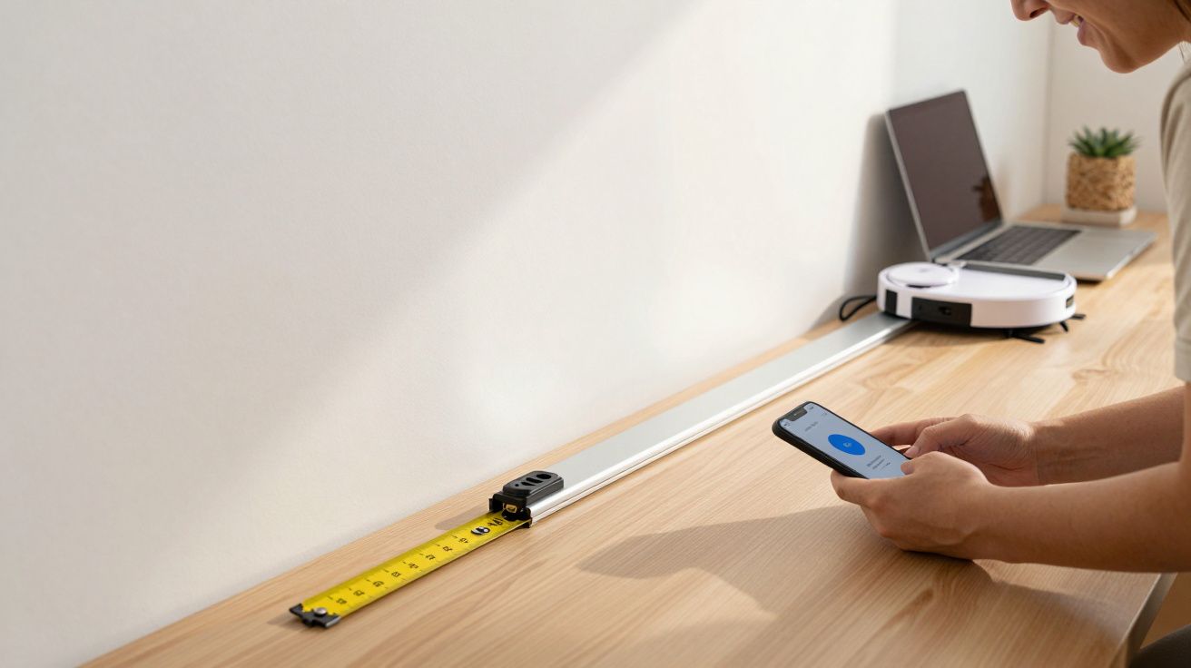 Pessoa mede uma mesa de madeira usando fita métrica e smartphone. Portátil e robô de limpeza ao fundo.