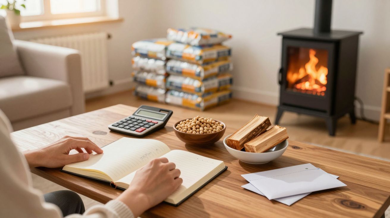 Pessoa a trabalhar num caderno, com fogão a lenha aceso ao fundo, sementes e lenha sobre a mesa.