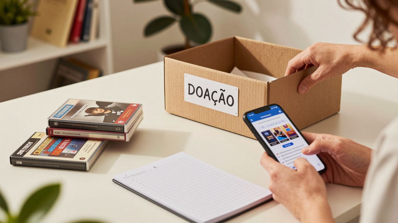 Pessoa a segurar um telemóvel junto a uma caixa etiquetada "Doação" e livros sobre a mesa.