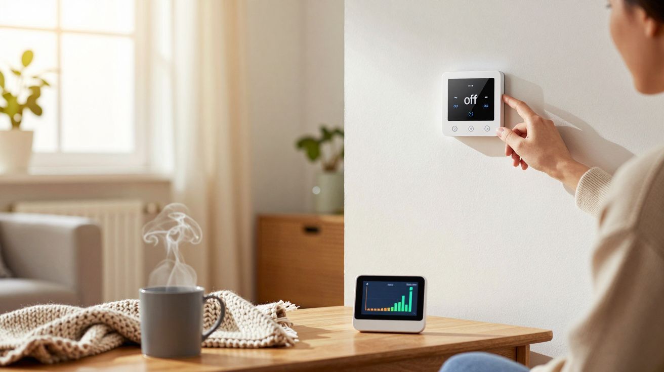 Pessoa ajusta termóstato digital numa sala iluminada, com chá e cobertor sobre a mesa.