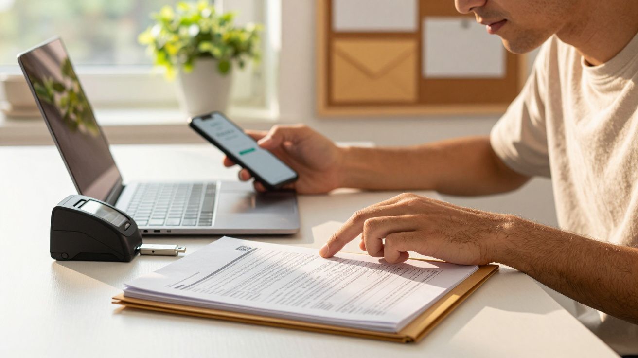 Homem trabalha no computador e verifica documentos com um smartphone em ambiente com luz solar.