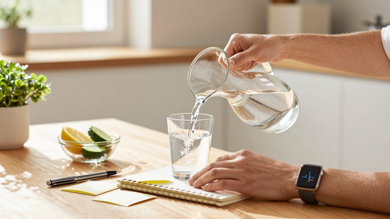 Pessoa a servir água num copo com jarro, ao lado de caderno, caneta e prato com limão e pepino numa mesa de madeira.