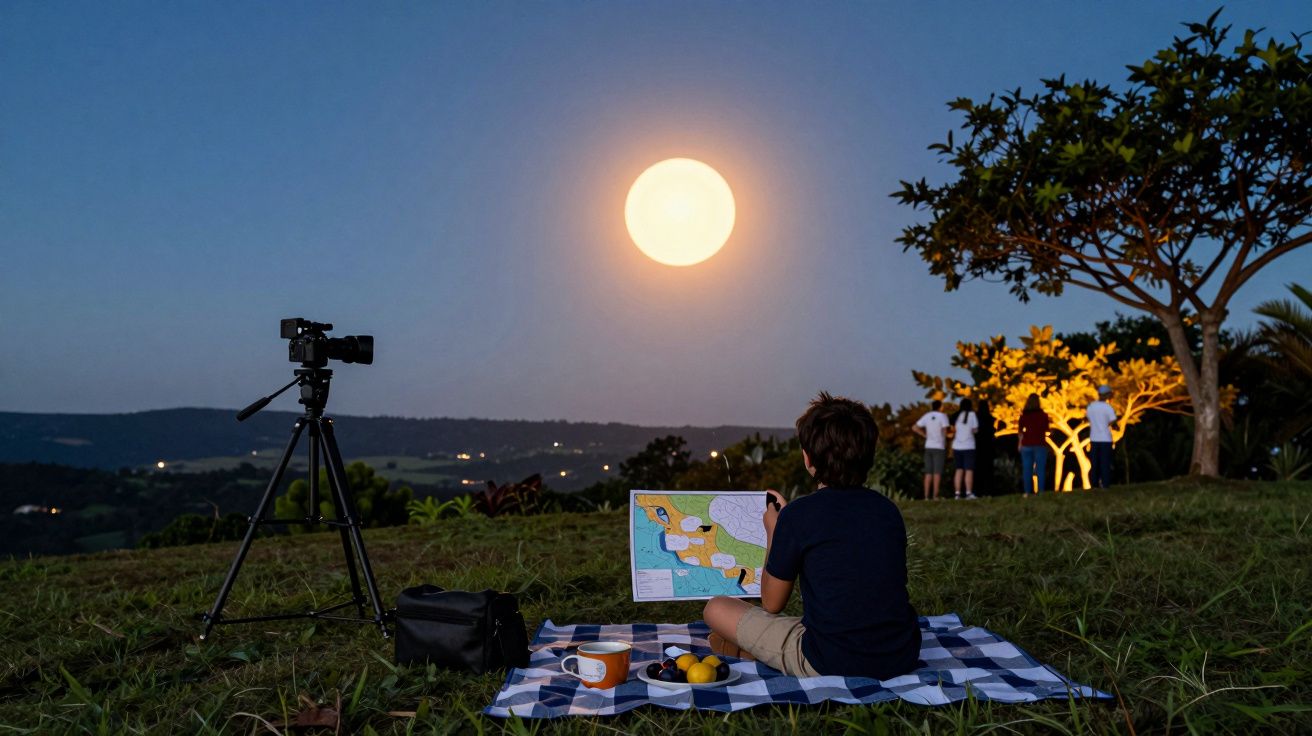 Criança sentada em manta ao luar, com câmara em tripé, observa mapa; grupo ao fundo admira a lua cheia.