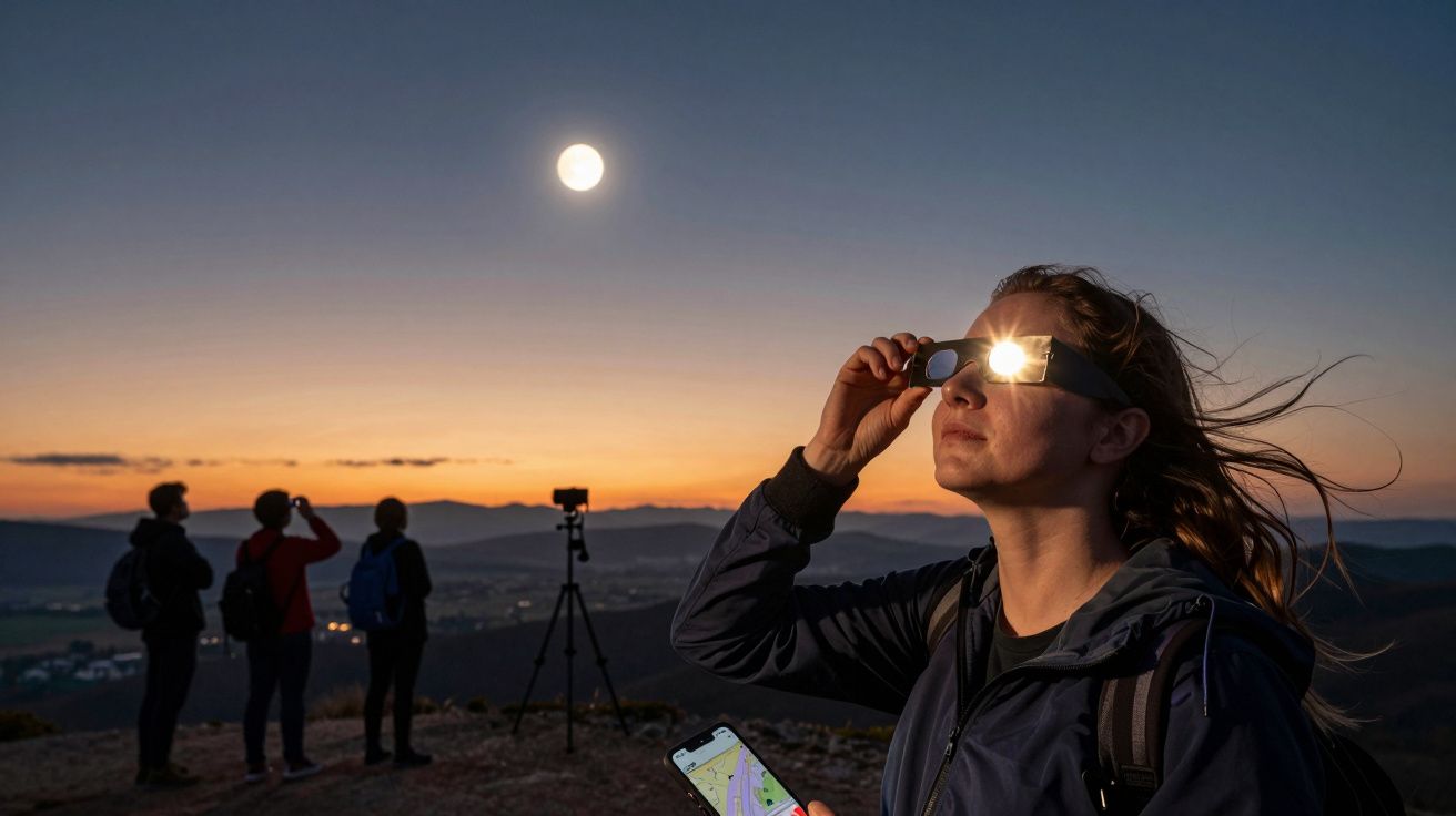 Mulher com óculos escurecidos observa a lua cheia ao entardecer, com mais pessoas ao fundo e um tripé.