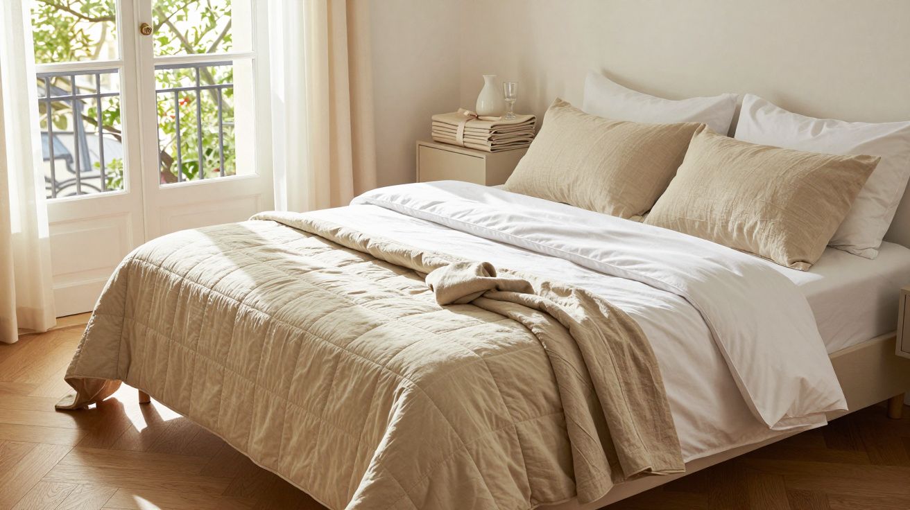 Quarto acolhedor com cama de casal, roupa de cama bege, luz natural entrando por janelas francesas.