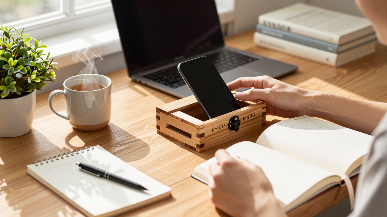 Pessoa a trabalhar numa secretária com chávena de café, caderno aberto, caneta, planta e telemóvel numa caixa de madeira.