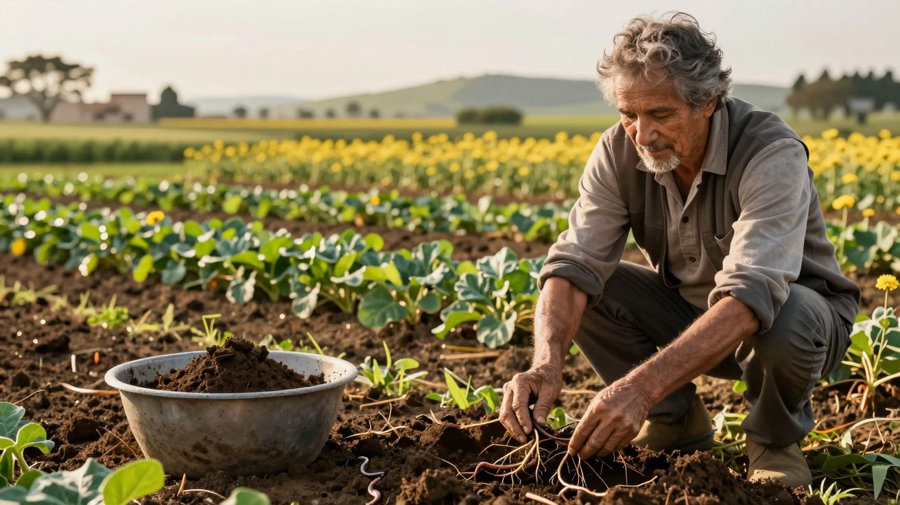 Um agricultor idoso planta mudas num campo, com uma tigela ao lado, sob um céu claro.