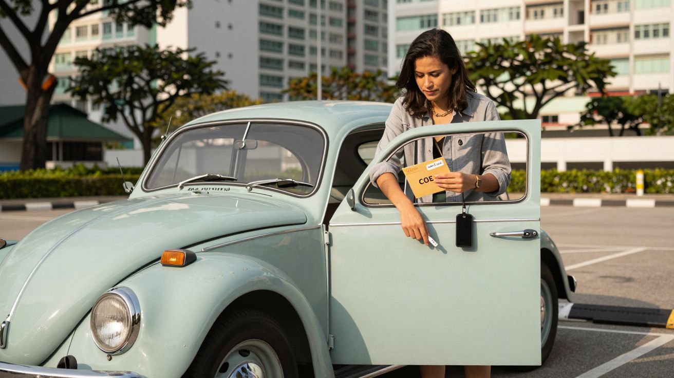 Mulher junto a um carro clássico azul-claro estacionado, segurando um envelope amarelo, com edifícios ao fundo.