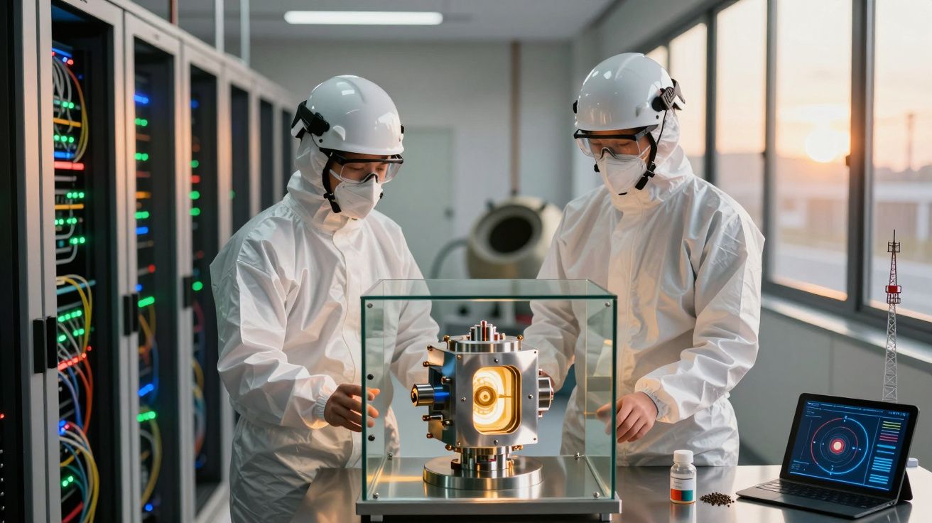 Dois cientistas com trajes de proteção analisam equipamento tecnológico numa sala cheia de servidores e equipamento eletrónic