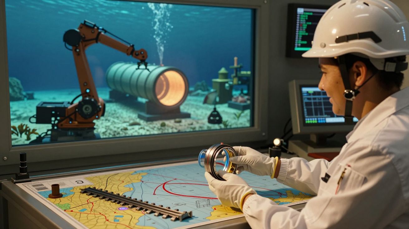Engenheiro observa robô subaquático a trabalhar num tubo, com mapa e monitores ao fundo.