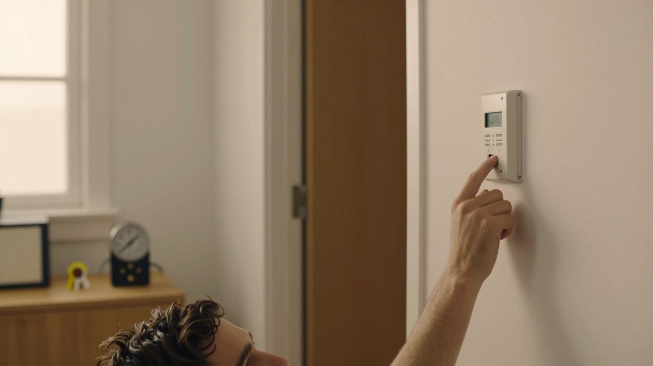 Pessoa ajusta termóstato na parede de uma sala iluminada, com relógio e rádio sobre uma cómoda ao fundo.