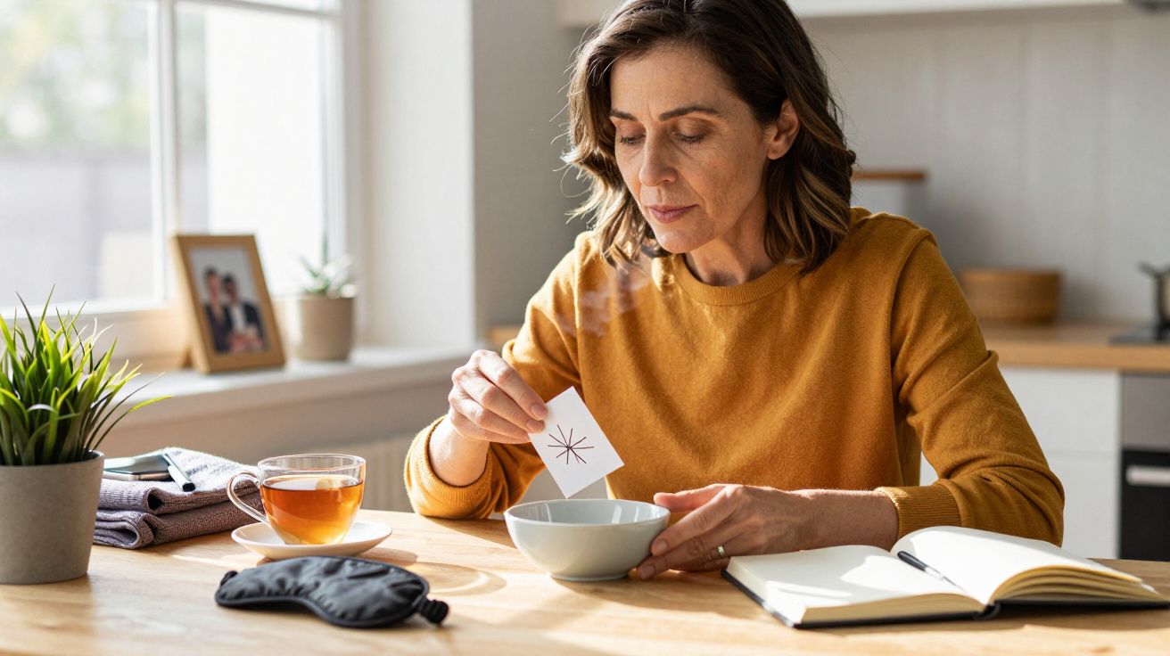 Mulher em camisola amarela mexe tigela com cartão, sentada numa cozinha com livro e chávenas ao lado.