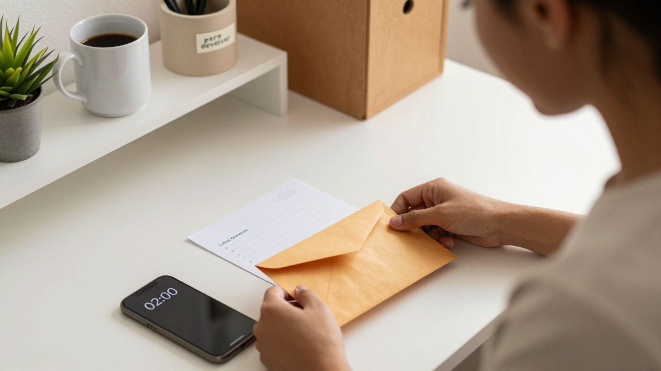 Pessoa segurando envelope amarelo numa secretária, com um smartphone, chávena de café e planta ao lado.
