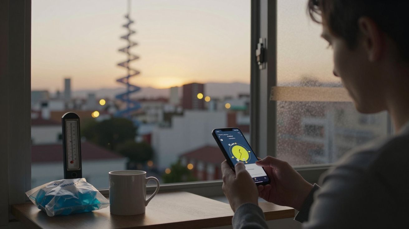 Pessoa a ajustar temporizador num smartphone junto a janela, ao pôr do sol. Termómetro e chávena na mesa.