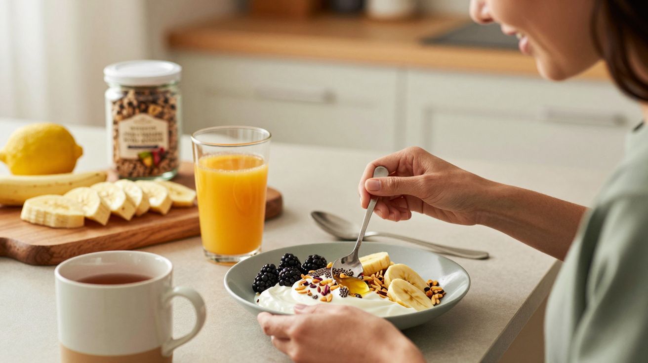 Mulher tomando pequeno-almoço saudável com iogurte, bananas, amoras e sumo de laranja, numa cozinha iluminada.