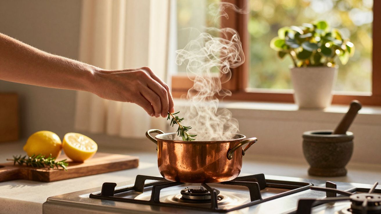 Mão adiciona ervas a panela de cobre a ferver, limões cortados ao fundo, planta ao lado da janela.