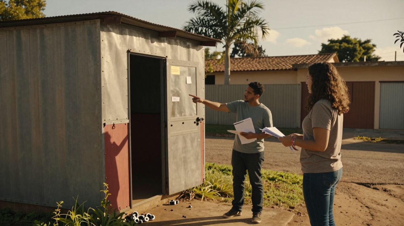 Dois jovens discutem em frente a um barracão de metal ao ar livre, analisando notas presas à porta.