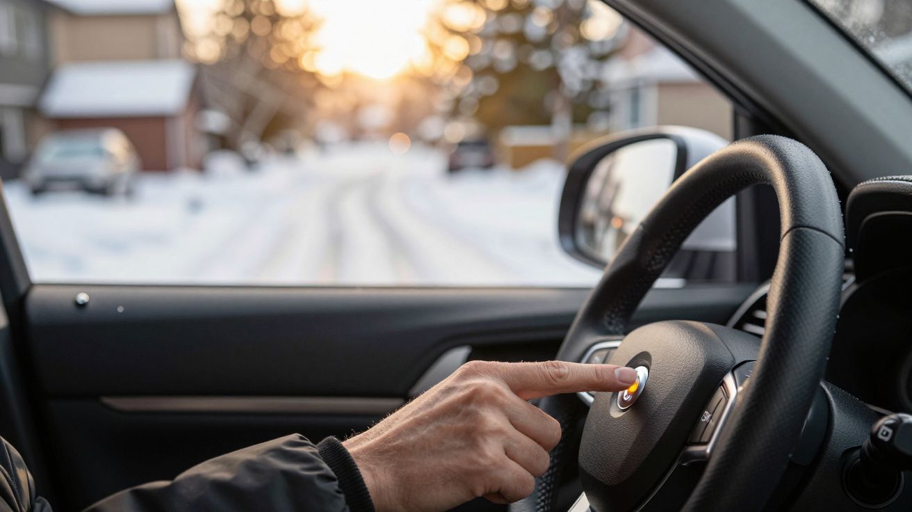 Pessoa toca no botão do painel de um carro, com paisagem de rua nevada ao fundo.