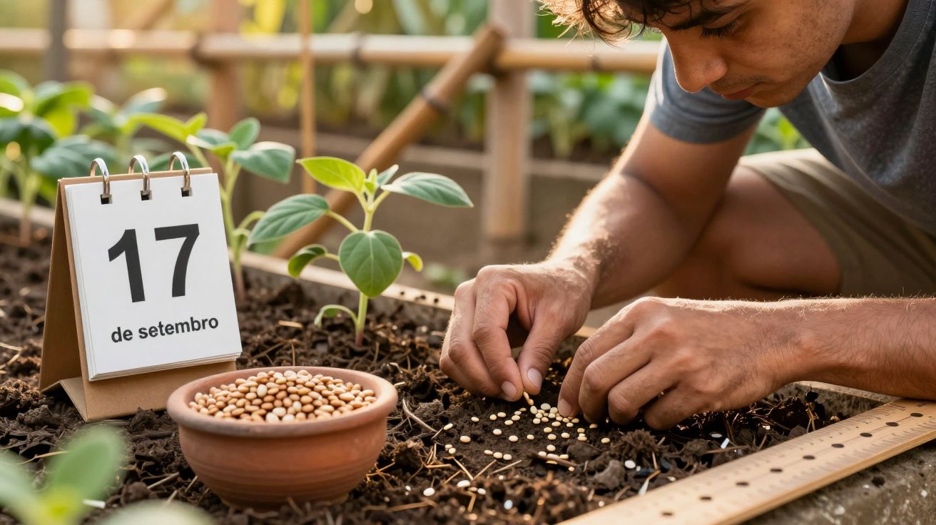 Homem plantando sementes em horta, com calendário marcando 17 de setembro.