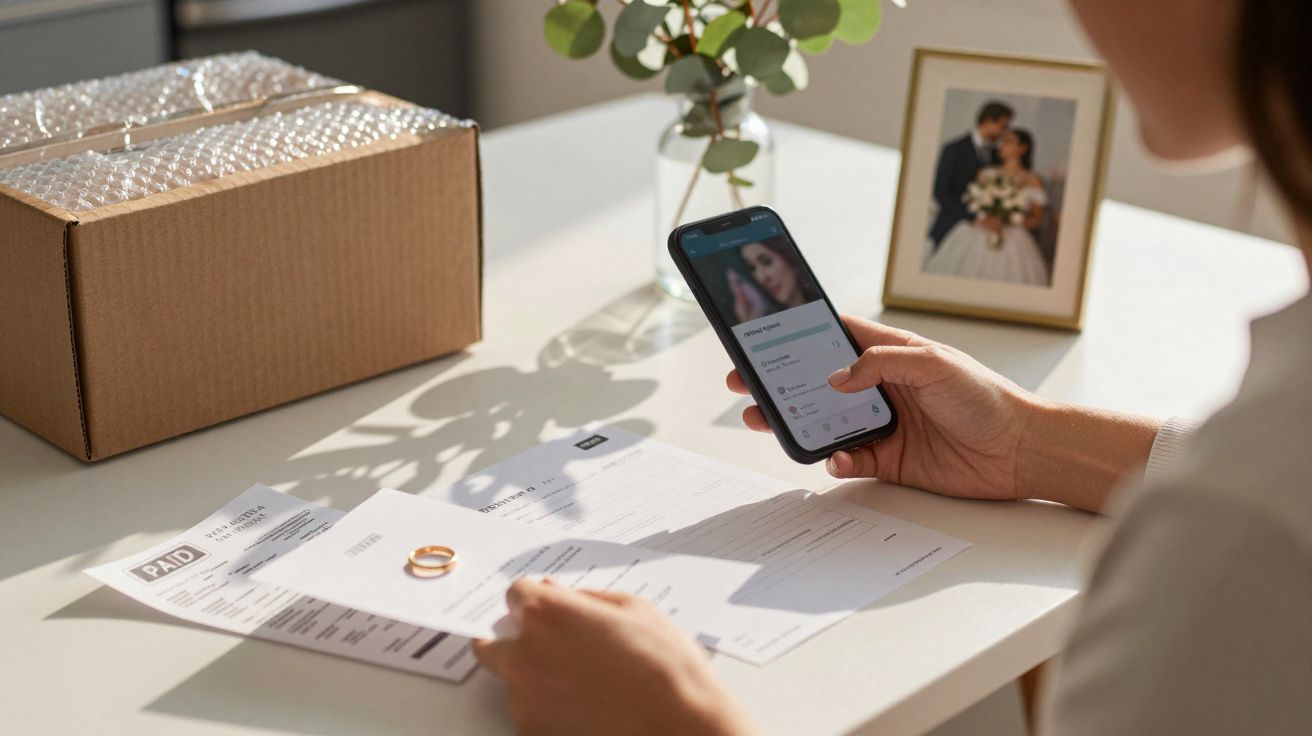 Pessoa segura smartphone sobre papéis com alianças. Caixa de cartão e foto de casamento ao fundo.