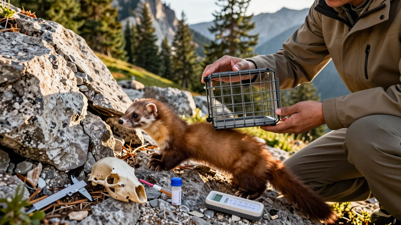 Furão em libertação na natureza, com investigador segurando uma jaula ao lado de ferramentas científicas num ambiente rochoso