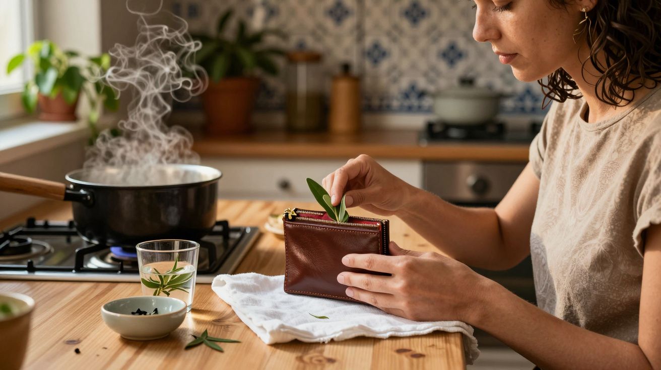 Mulher na cozinha, coloca folha de louro em carteira, panela a ferver ao fundo.