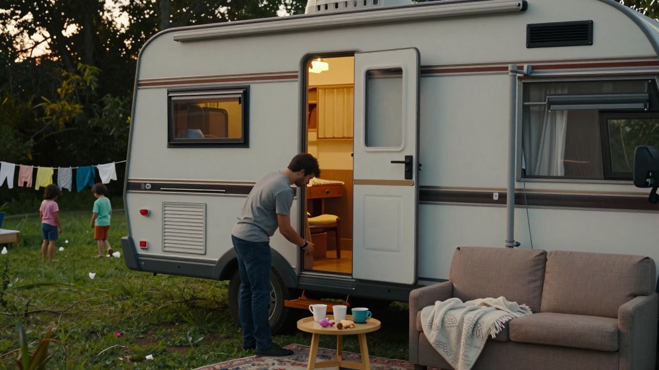 Homem junto a caravana num campo, com crianças a brincar ao fundo, sofá e mesa com chávenas em primeiro plano.